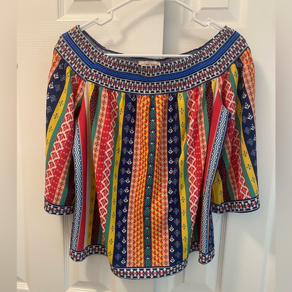 🕕 NWOT | Flying Tomato | Mixed Print OTS 3/4 Sleeves Boho Top | Multicolor | S - Picture 3 of 7